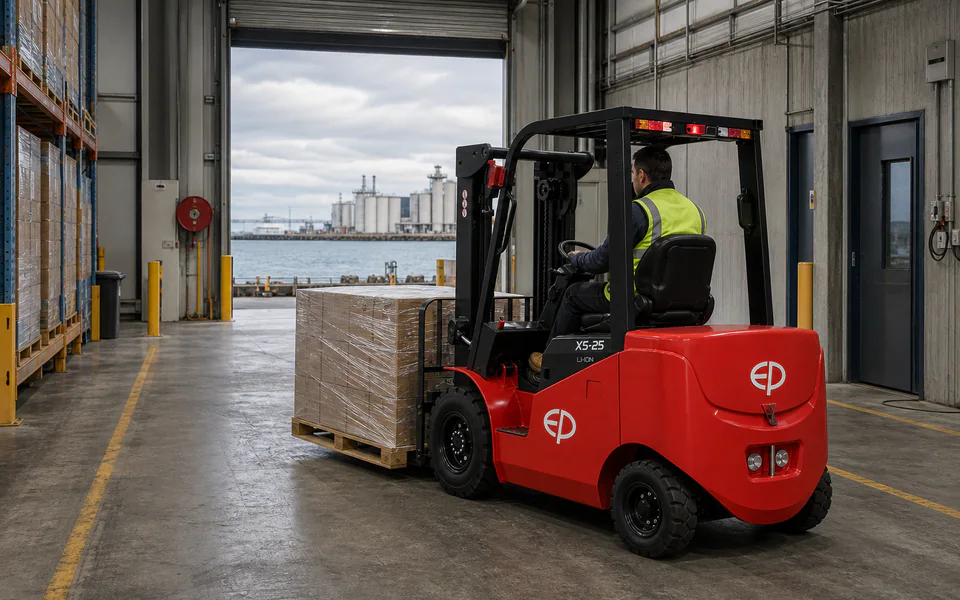 Red EP X5-25 lithium forklift carrying a wrapped pallet inside a port-adjacent warehouse with water and bulk silos in the distance