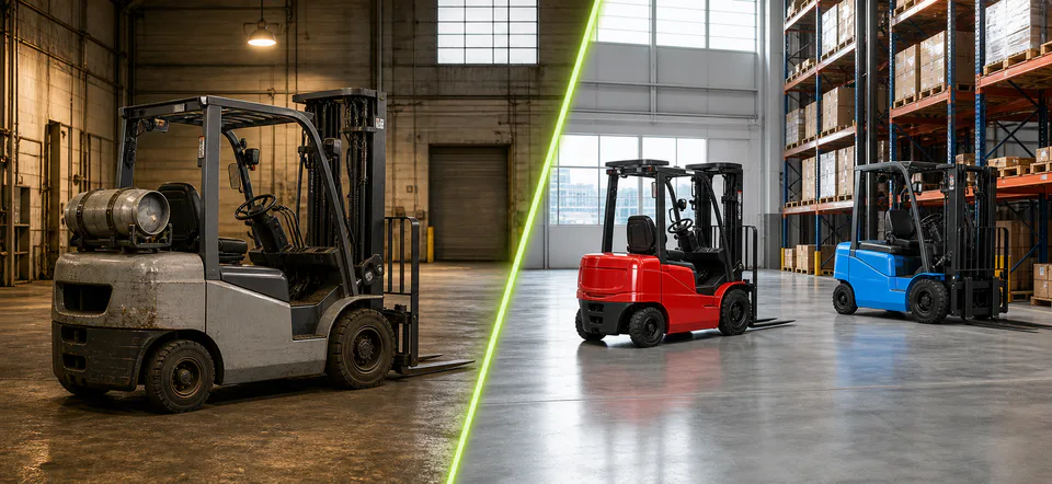 Side-by-side comparison of an ageing LPG forklift and new lithium electric forklifts