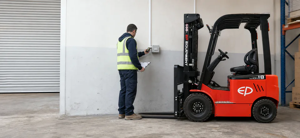 Operator plugging an EP EFL181 lithium forklift into a single-phase wall outlet