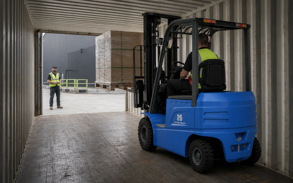Blue BYD EL25-Pro lifting a wrapped pallet inside a shipping container with mast clearance