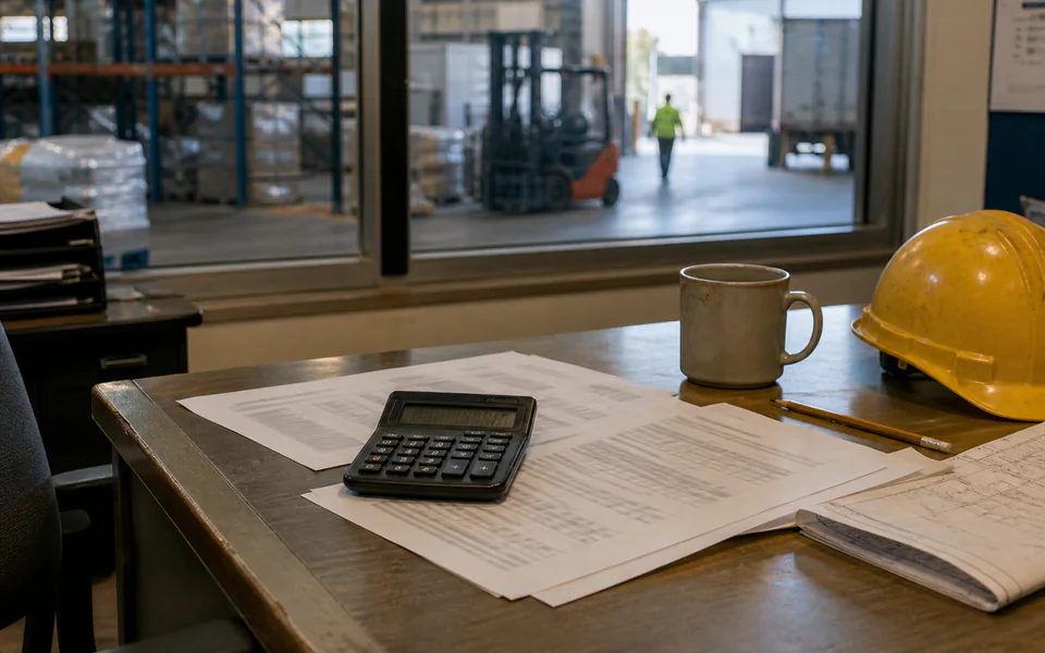 Hire quote papers, calculator and safety helmet on a warehouse office desk