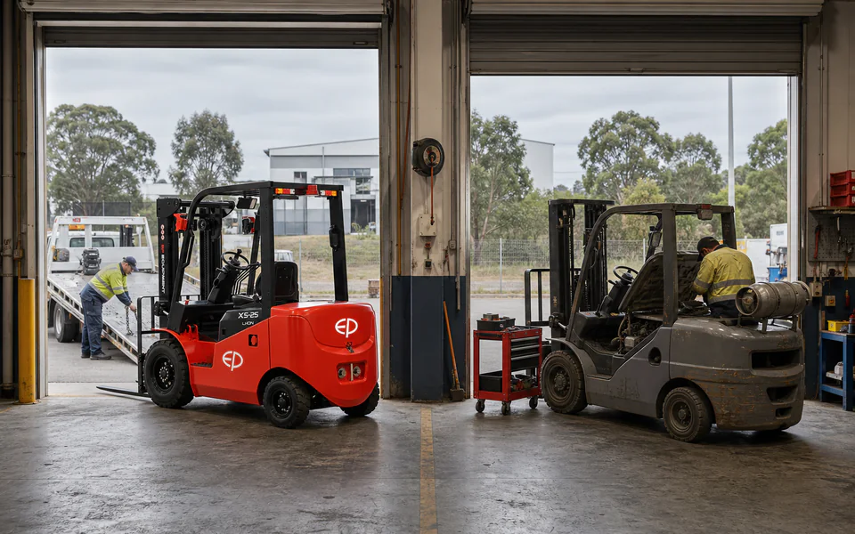 New EP X5-25 forklift arriving beside an older LPG forklift under maintenance