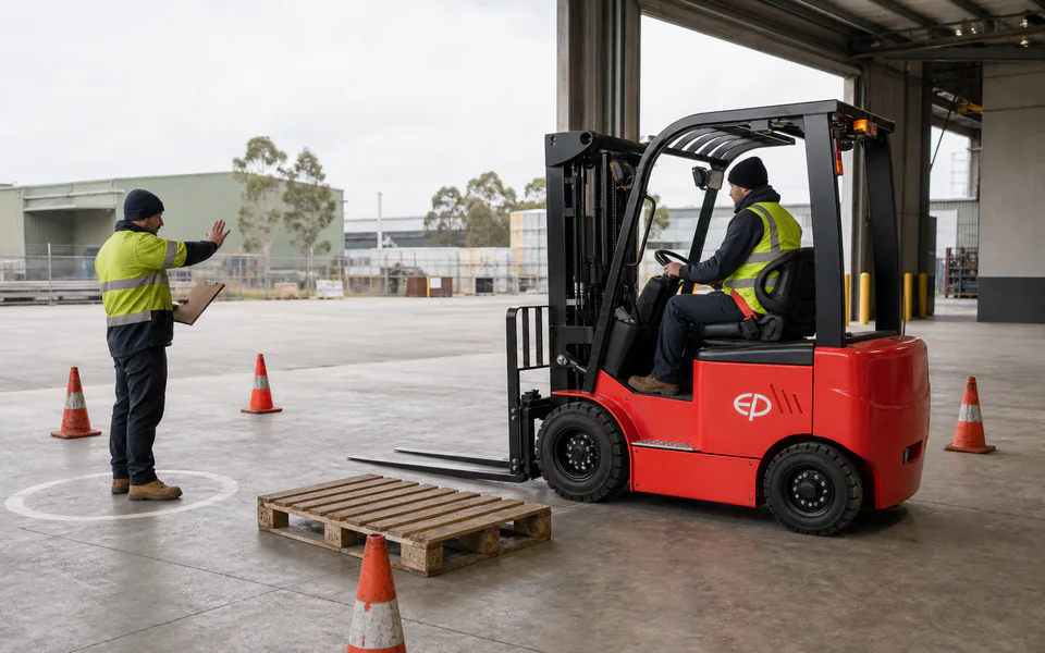 Instructor supervising a forklift trainee approaching a practice pallet in a marked training area