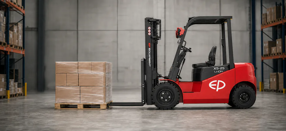 EP X5-25 lithium forklift carrying a palletised load at a 500 mm load centre