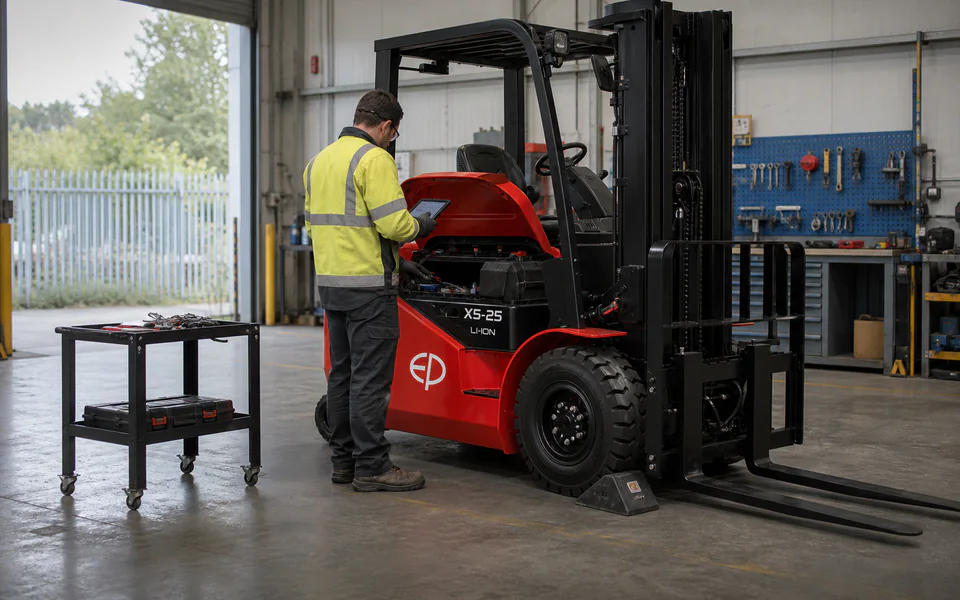 Technician recording a scheduled service beside an EP X5-25 forklift with its service cover open