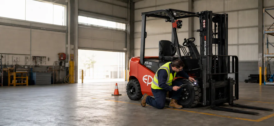 Operator performing a daily pre-start inspection on an EP X5 lithium forklift