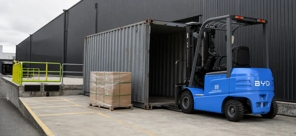 BYD EL25-Pro lithium forklift loading a shipping container at a dock
