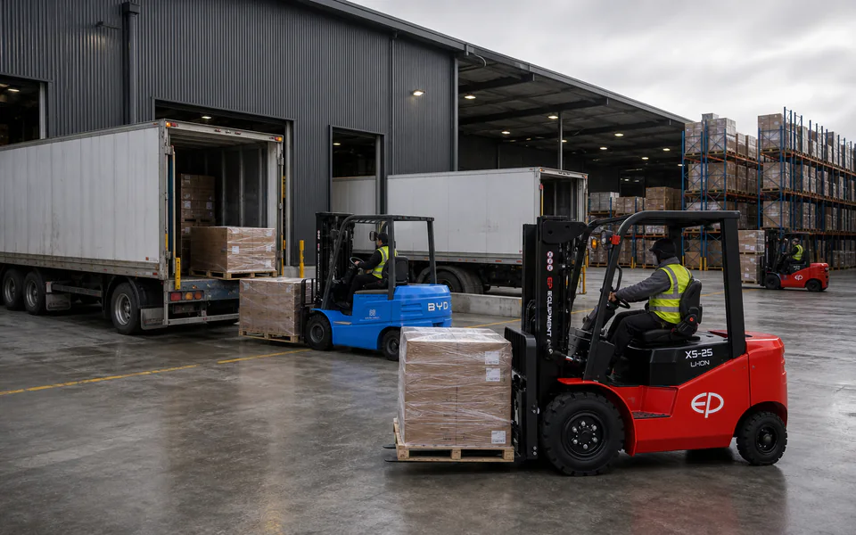 Red and blue electric forklifts handling wrapped pallets at a busy distribution centre loading dock