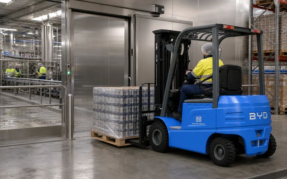 Blue BYD EL25-Pro lithium forklift moving a wrapped beverage pallet in a clean food warehouse