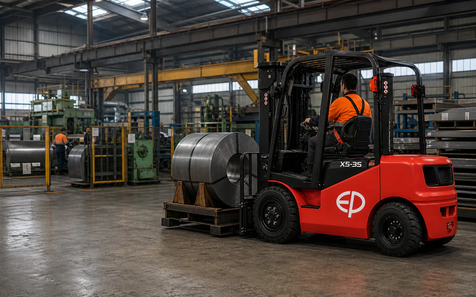 Red EP X5-35 lithium forklift carrying a steel coil on a secured cradle in a manufacturing plant