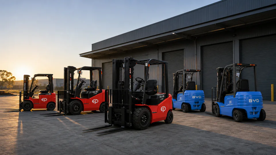 Three red EP and two blue BYD electric forklifts lined up outside a warehouse at sunrise
