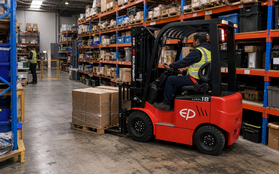 Red EP EFL181 lithium forklift carrying boxed parts through a compact wholesale warehouse