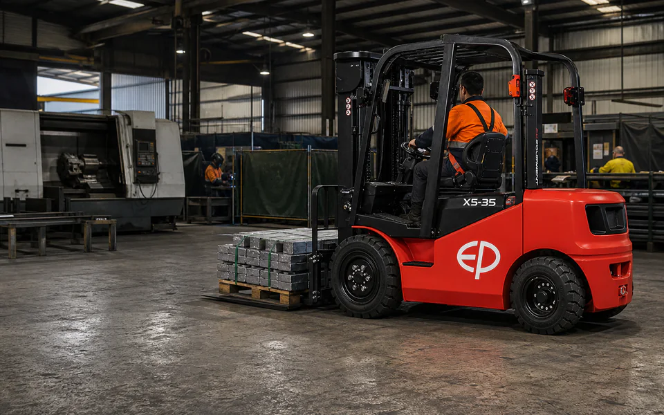 Red EP X5-35 lithium forklift moving a secured pallet of steel components in a fabrication workshop