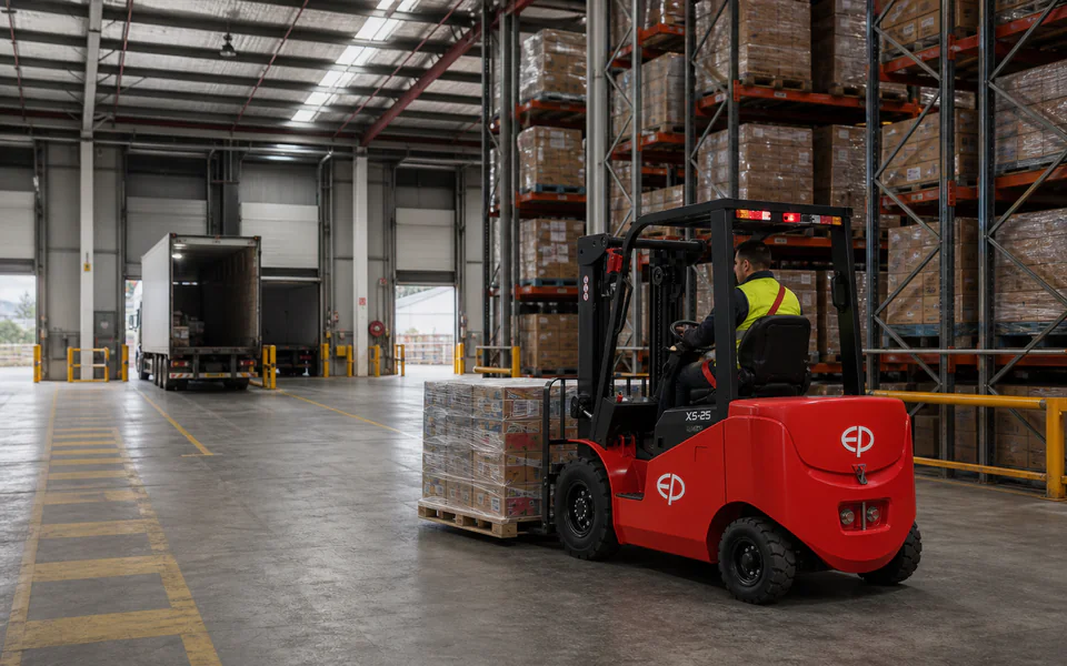 Red EP X5-25 lithium forklift moving a wrapped pallet inside a large distribution centre